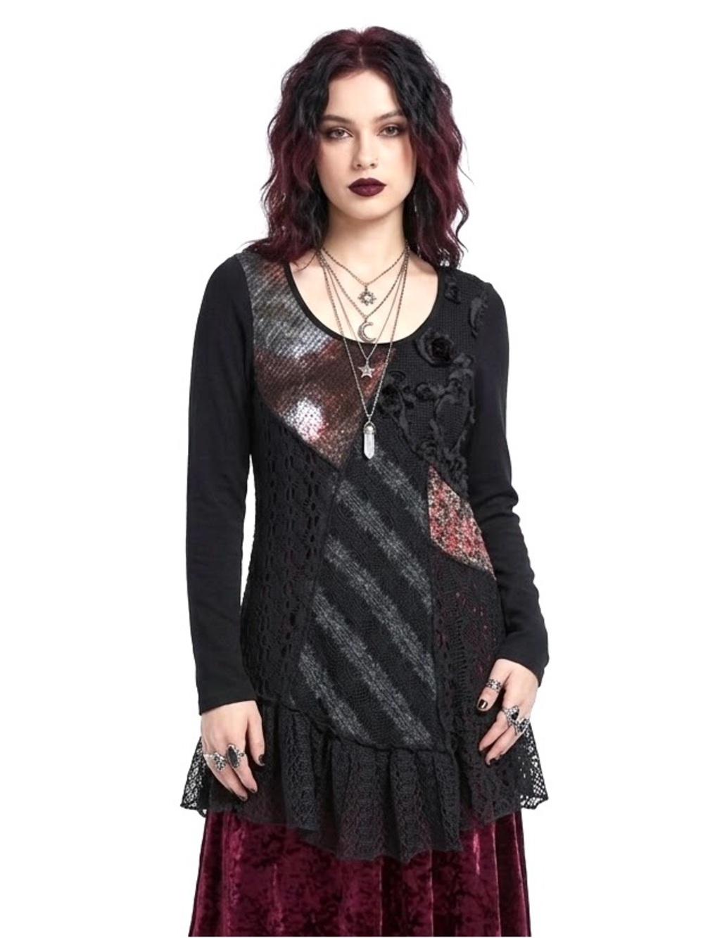 Whimsigoth Sheer Lace Mixed Media Top Witchy Fairy Grunge Y2K Boho Vampirecore
